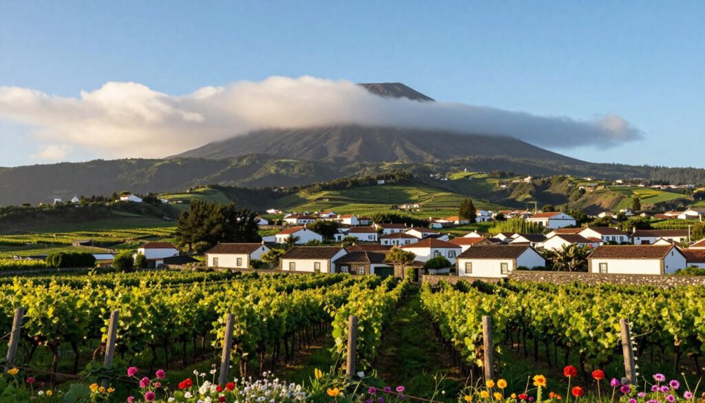 A breathtaking landscape of Pico Island in the Azores, featuring the towering peak of Mount Pico, the highest point in Portugal. In the foreground, lush green vineyards and vibrant wildflowers create a rich tapestry of colors. The middle ground showcases a quaint whitewashed village with traditional stone houses, nestled against the mountainous backdrop. In the background, the volcanic peak of Mount Pico rises majestically, partially shrouded in soft white clouds, against a clear blue sky. The lighting is warm and golden, suggesting late afternoon, casting gentle shadows and enhancing the natural beauty of the scene. The atmosphere is tranquil and inviting, capturing the essence of this stunning island paradise. A breathtaking landscape of Pico Island in the Azores, featuring the towering peak of Mount Pico, the highest point in Portugal. In the foreground, lush green vineyards and vibrant wildflowers create a rich tapestry of colors. The middle ground showcases a quaint whitewashed village with traditional stone houses, nestled against the mountainous backdrop. In the background, the volcanic peak of Mount Pico rises majestically, partially shrouded in soft white clouds, against a clear blue sky. The lighting is warm and golden, suggesting late afternoon, casting gentle shadows and enhancing the natural beauty of the scene. The atmosphere is tranquil and inviting, capturing the essence of this stunning island paradise.