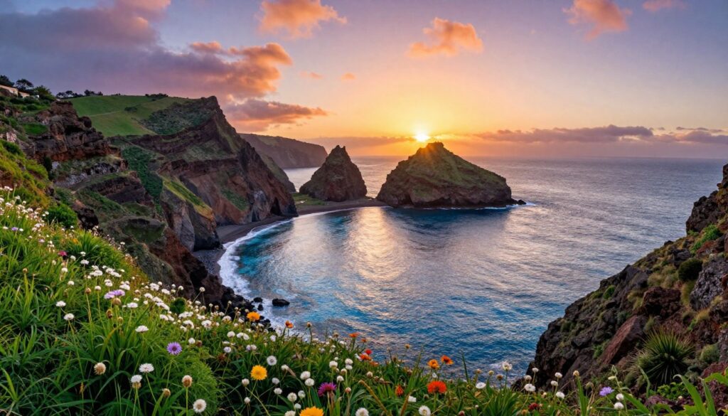 A breathtaking view of the coastline at Baia Azul, Madeira, showcasing dramatic cliffs adorned with lush greenery and vibrant wildflowers in the foreground. The azure waters of the Atlantic Ocean gently lap against the rocky shore, reflecting the golden light of a late afternoon sun. In the middle ground, a picturesque bay is framed by rugged rock formations, creating a serene and inviting ambiance. The background features a stunning sky at sunset, with hues of orange, pink, and purple blending harmoniously. The scene conveys tranquility and natural beauty, ideal for capturing the enchanting essence of Madeira’s coastline. The image should be shot from a high angle to emphasize the sweeping views and depth of the landscape, with a focus on vivid colors and natural textures. A breathtaking view of the coastline at Baia Azul, Madeira, showcasing dramatic cliffs adorned with lush greenery and vibrant wildflowers in the foreground. The azure waters of the Atlantic Ocean gently lap against the rocky shore, reflecting the golden light of a late afternoon sun. In the middle ground, a picturesque bay is framed by rugged rock formations, creating a serene and inviting ambiance. The background features a stunning sky at sunset, with hues of orange, pink, and purple blending harmoniously. The scene conveys tranquility and natural beauty, ideal for capturing the enchanting essence of Madeira’s coastline. The image should be shot from a high angle to emphasize the sweeping views and depth of the landscape, with a focus on vivid colors and natural textures.
