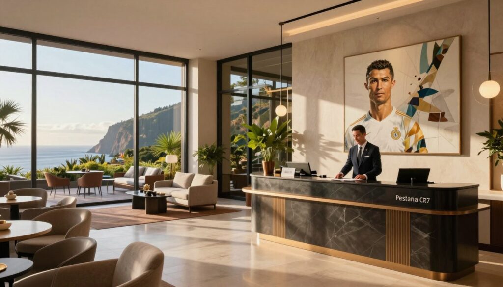 A luxurious hotel lobby designed for the Pestana CR7, featuring sleek modern furnishings and a stylish check-in desk. In the foreground, a friendly hotel reception staff member in professional attire greets guests, conveying warmth and hospitality. The middle ground showcases elegant decor, including abstract artwork inspired by Cristiano Ronaldo, plush seating areas, and unique lighting fixtures that create a inviting ambiance. In the background, large floor-to-ceiling windows offer a breathtaking view of the lush Madeira coastline and vibrant greenery, illuminated by soft golden sunlight, enhancing the serene atmosphere. The mood is upscale yet welcoming, embodying the perfect blend of Cristiano Ronaldo's brand and a relaxing retreat. The image should be captured with a wide-angle lens to encompass the grandeur of the space while maintaining clarity in all details. A luxurious hotel lobby designed for the Pestana CR7, featuring sleek modern furnishings and a stylish check-in desk. In the foreground, a friendly hotel reception staff member in professional attire greets guests, conveying warmth and hospitality. The middle ground showcases elegant decor, including abstract artwork inspired by Cristiano Ronaldo, plush seating areas, and unique lighting fixtures that create a inviting ambiance. In the background, large floor-to-ceiling windows offer a breathtaking view of the lush Madeira coastline and vibrant greenery, illuminated by soft golden sunlight, enhancing the serene atmosphere. The mood is upscale yet welcoming, embodying the perfect blend of Cristiano Ronaldo's brand and a relaxing retreat. The image should be captured with a wide-angle lens to encompass the grandeur of the space while maintaining clarity in all details.