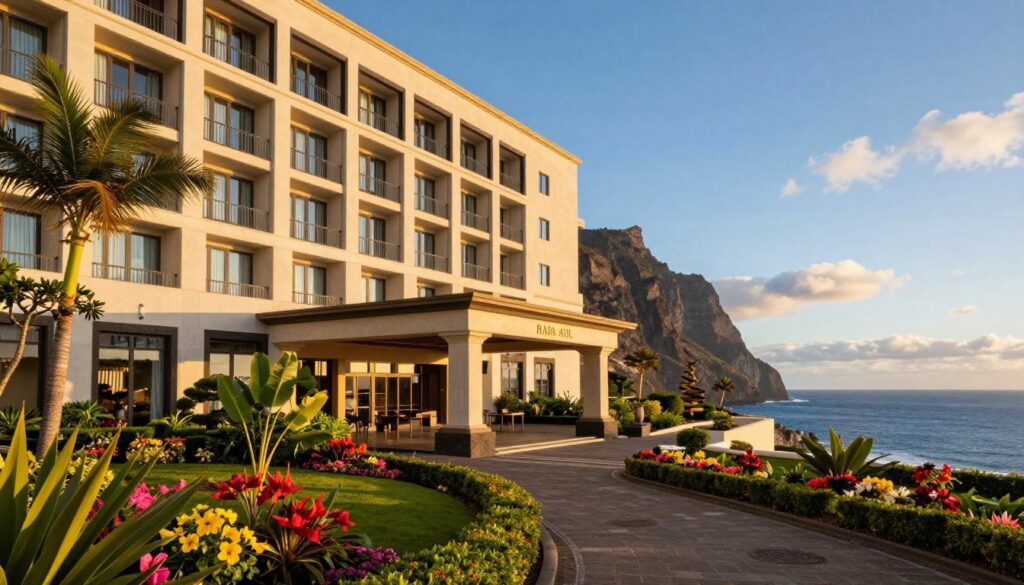 A luxurious, top-rated hotel exterior, showcasing Baia Azul in Madeira. The foreground features a beautifully landscaped garden adorned with vibrant tropical flowers and sculpted hedges, leading to an elegant entrance. In the middle ground, the hotel's stunning architecture stands tall with large windows reflecting the sunlight. The backdrop reveals the breathtaking cliffs of Madeira and the deep blue Atlantic Ocean under a clear sky, with soft clouds adding warmth. The golden hour lighting bathes the scene in a warm glow, enhancing the inviting atmosphere. A slight tilt from a low angle emphasizes the grandeur of the structure. Evoke a sense of tranquility and luxury, attracting travelers seeking the best stay in Madeira. A luxurious, top-rated hotel exterior, showcasing Baia Azul in Madeira. The foreground features a beautifully landscaped garden adorned with vibrant tropical flowers and sculpted hedges, leading to an elegant entrance. In the middle ground, the hotel's stunning architecture stands tall with large windows reflecting the sunlight. The backdrop reveals the breathtaking cliffs of Madeira and the deep blue Atlantic Ocean under a clear sky, with soft clouds adding warmth. The golden hour lighting bathes the scene in a warm glow, enhancing the inviting atmosphere. A slight tilt from a low angle emphasizes the grandeur of the structure. Evoke a sense of tranquility and luxury, attracting travelers seeking the best stay in Madeira.