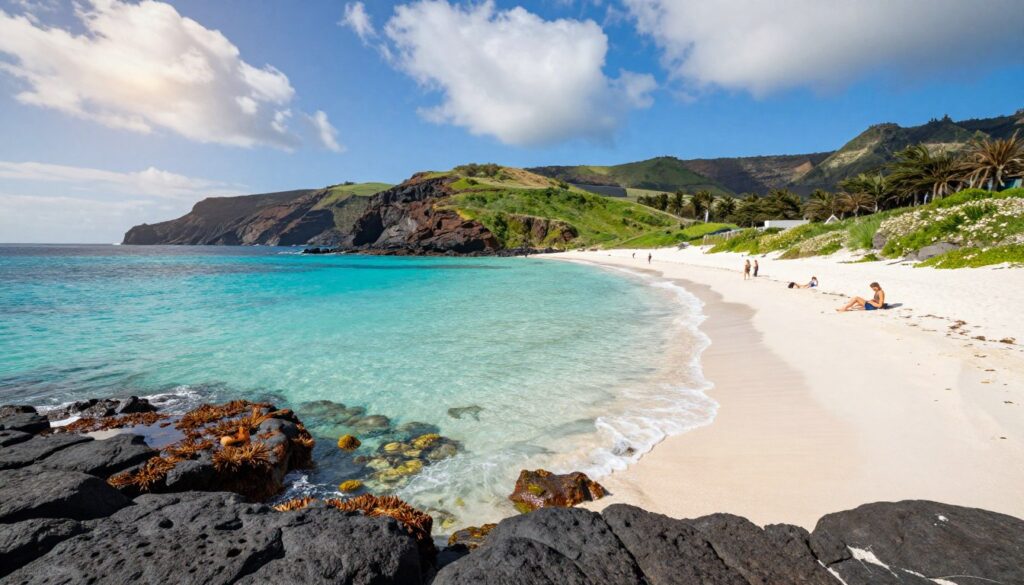 A stunning Azores beach scene, featuring pristine white sand gently caressed by crystal-clear turquoise waters. In the foreground, smooth volcanic rocks create natural swimming pools filled with vibrant marine life. The middle ground showcases a lush, green coastline dotted with wildflowers and a few modest beachgoers enjoying the sun, dressed in casual, modest clothing. In the background, dramatic cliffs rise sharply against a bright blue sky with fluffy white clouds, emphasizing the secluded beauty of the landscape. The sunlight filters through the clouds, casting a warm golden glow on the water and rocks, evoking a serene and inviting atmosphere. Use a wide-angle lens for a panoramic view, capturing the essence of this breathtaking paradise. A stunning Azores beach scene, featuring pristine white sand gently caressed by crystal-clear turquoise waters. In the foreground, smooth volcanic rocks create natural swimming pools filled with vibrant marine life. The middle ground showcases a lush, green coastline dotted with wildflowers and a few modest beachgoers enjoying the sun, dressed in casual, modest clothing. In the background, dramatic cliffs rise sharply against a bright blue sky with fluffy white clouds, emphasizing the secluded beauty of the landscape. The sunlight filters through the clouds, casting a warm golden glow on the water and rocks, evoking a serene and inviting atmosphere. Use a wide-angle lens for a panoramic view, capturing the essence of this breathtaking paradise.