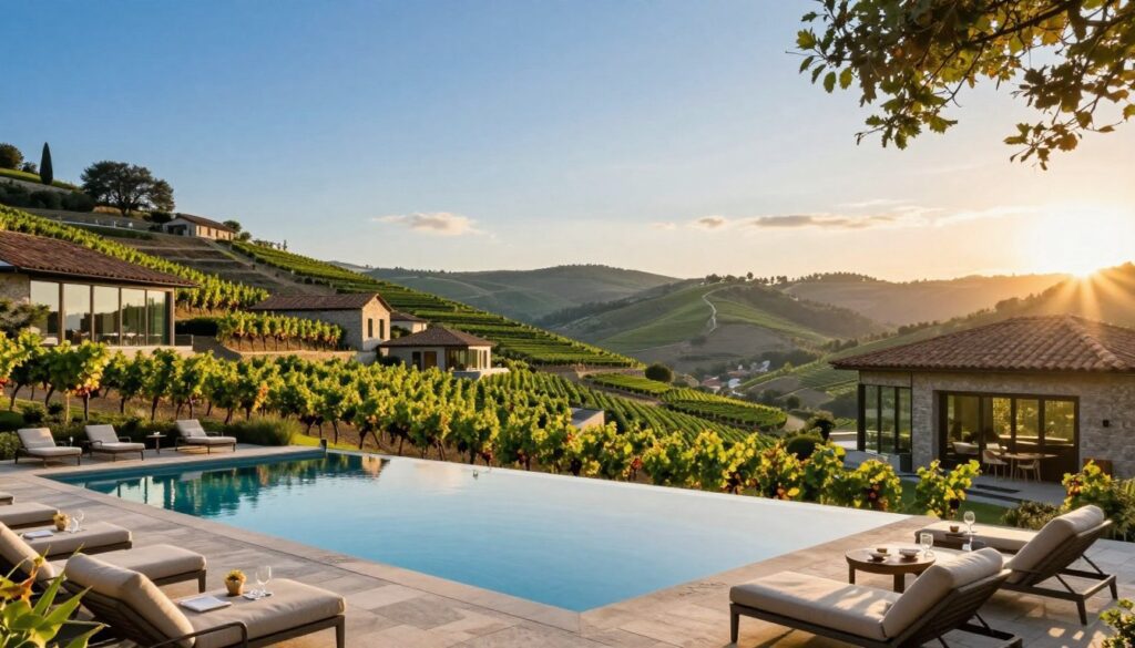 A stunning view of a luxury resort nestled in the picturesque hills of the Douro Valley, with elegant vineyards cascading down the slopes. In the foreground, a beautifully designed infinity pool reflects the clear blue sky, surrounded by plush lounge chairs and a small outdoor dining area with tasteful decor. In the middle ground, the resort’s modern architecture harmonizes with traditional Portuguese details, featuring large glass windows that offer breathtaking views of the valley. In the background, rolling hills adorned with lush grapevines stretch out beneath a soft golden sunset. The atmosphere is serene and inviting, capturing the essence of tranquility and escape, as soft rays of the evening sun filter through the trees. The lens perspective is slightly elevated, enhancing the scenic beauty while keeping the focus on the resort’s elegance and natural surroundings.
