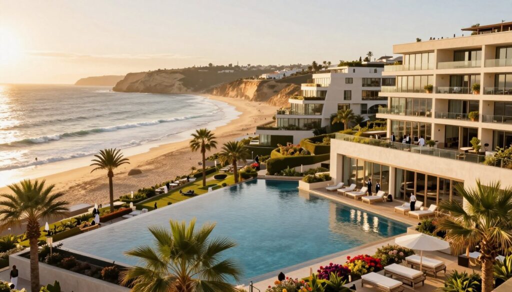 A stunning view of luxury resorts along the Lisbon Coast, showcasing modern architecture with large balconies overlooking the sparkling Atlantic Ocean. In the foreground, a beautifully landscaped infinity pool reflects the sunlight, surrounded by lush palm trees and vibrant flowers. The middle ground features elegant resort buildings with large glass windows and terrace gardens, with guests in professional attire strolling leisurely. In the background, gentle waves crash against the golden sandy beach, with rolling hills and cliffs softly illuminated by the late afternoon sun. The scene is bathed in warm golden light, creating a tranquil and sophisticated atmosphere, captured from a low angle to emphasize the grandeur of the resorts.
