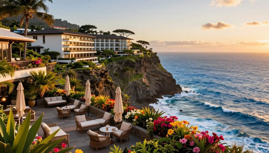 A stunning view of the Madeira Regency Cliff, featuring luxury accommodations perched on dramatic cliffs overlooking the Atlantic Ocean. In the foreground, a beautifully landscaped terrace adorned with vibrant tropical flowers and elegant outdoor furniture invites relaxation. The middle ground reveals the sleek architecture of the hotel, blending harmoniously with the natural surroundings. In the background, the brilliant blue ocean meets the sky, with waves gently crashing against the rocks, and hints of distant islands on the horizon under a golden sunset. Soft, warm lighting accentuates the scene, creating a serene and inviting atmosphere. The image captures the essence of luxury and tranquility, showcasing this idyllic paradise perfect for visitors at any time of the year. A stunning view of the Madeira Regency Cliff, featuring luxury accommodations perched on dramatic cliffs overlooking the Atlantic Ocean. In the foreground, a beautifully landscaped terrace adorned with vibrant tropical flowers and elegant outdoor furniture invites relaxation. The middle ground reveals the sleek architecture of the hotel, blending harmoniously with the natural surroundings. In the background, the brilliant blue ocean meets the sky, with waves gently crashing against the rocks, and hints of distant islands on the horizon under a golden sunset. Soft, warm lighting accentuates the scene, creating a serene and inviting atmosphere. The image captures the essence of luxury and tranquility, showcasing this idyllic paradise perfect for visitors at any time of the year.