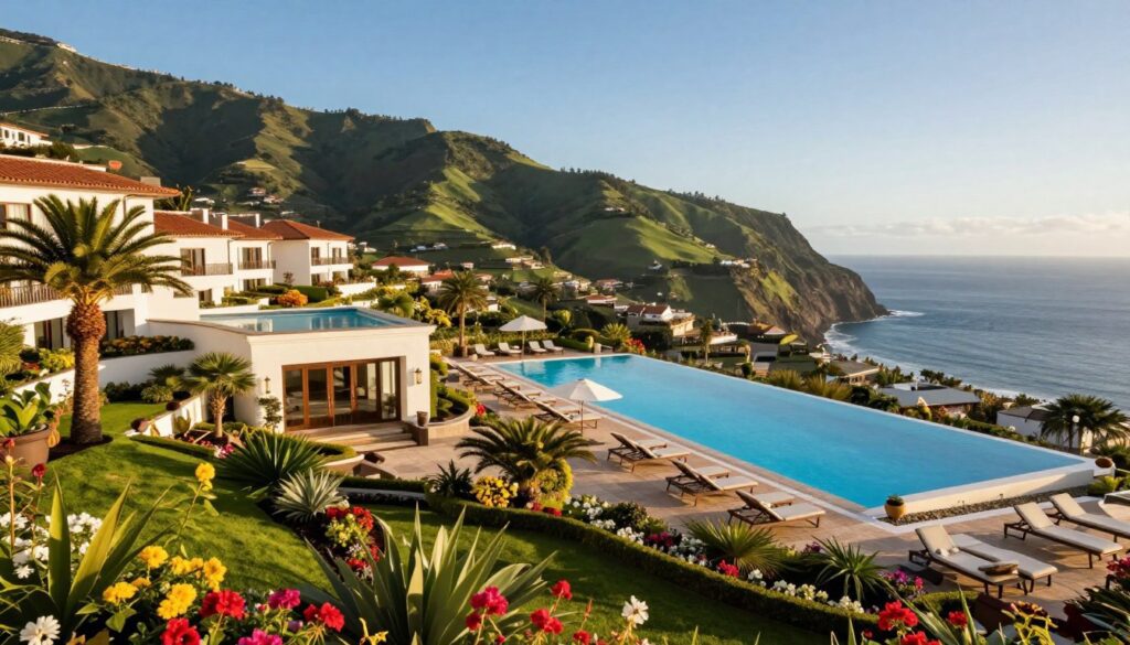 A stunning view of the Ronaldo Luxury Resort in Madeira, showcasing its elegant architecture against the backdrop of the lush, green hills of Funchal. In the foreground, a beautifully landscaped garden with vibrant flowers and palm trees, leading to the resort entrance. The middle ground features the resort's exquisite infinity pool, glistening under the warm sunlight, with sun loungers arranged artfully around it. In the background, the rolling hills and the sparkling Atlantic Ocean blend seamlessly into a clear blue sky. The lighting is warm and inviting, capturing a tranquil and luxurious atmosphere, ideal for relaxation and exploration. The angle is slightly elevated, providing a comprehensive view of the resort and its stunning surroundings. A stunning view of the Ronaldo Luxury Resort in Madeira, showcasing its elegant architecture against the backdrop of the lush, green hills of Funchal. In the foreground, a beautifully landscaped garden with vibrant flowers and palm trees, leading to the resort entrance. The middle ground features the resort's exquisite infinity pool, glistening under the warm sunlight, with sun loungers arranged artfully around it. In the background, the rolling hills and the sparkling Atlantic Ocean blend seamlessly into a clear blue sky. The lighting is warm and inviting, capturing a tranquil and luxurious atmosphere, ideal for relaxation and exploration. The angle is slightly elevated, providing a comprehensive view of the resort and its stunning surroundings.