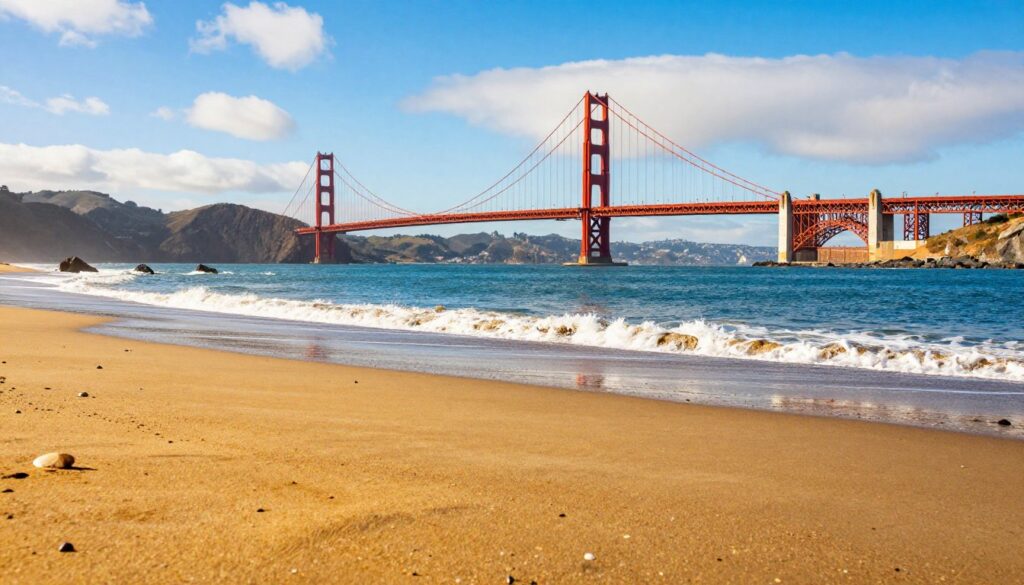 golden gate bridge seen from the sandy shore golden gate bridge seen from the sandy shore