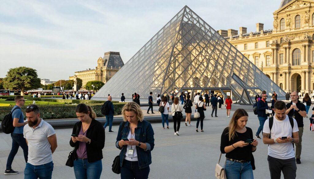 Louvre museum entrance and visitors Louvre museum entrance and visitors